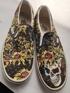 Vans Slip-On Floral Skull Canvas Sneakers - Yellow, Brown, Black M 10.5 Women 12